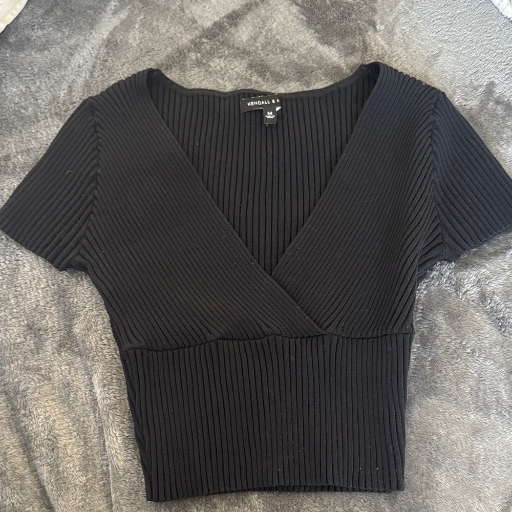Kendall & Kylie Black Ribbed Wrap Top